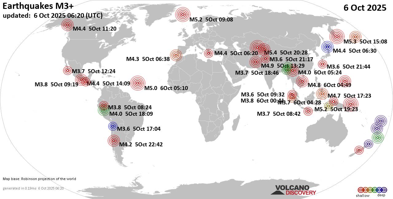 Worldwide earthquakes above magnitude 3 during the past 24 hours on  6 Oct 2025