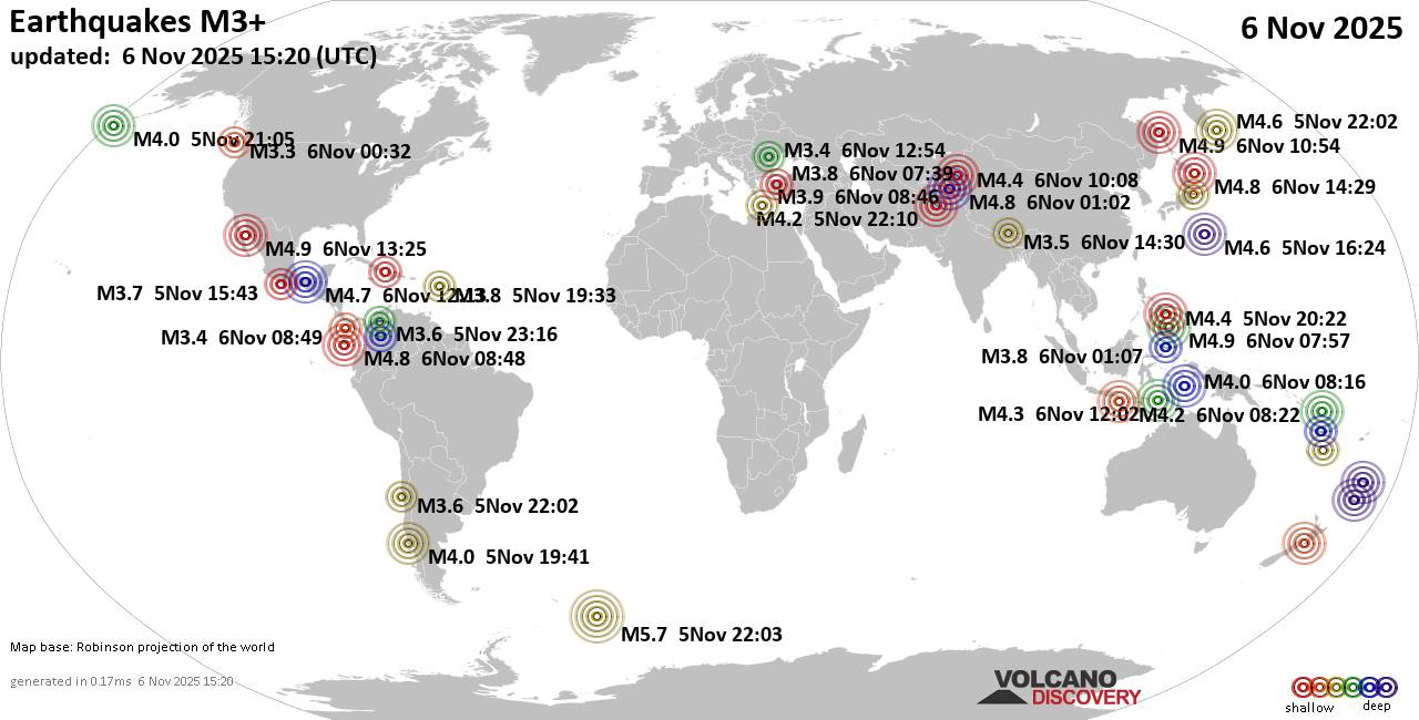Mappa del mondo che mostra i terremoti sopra la magnitudo 3 nelle ultime 24 ore il  6 novembre 2025