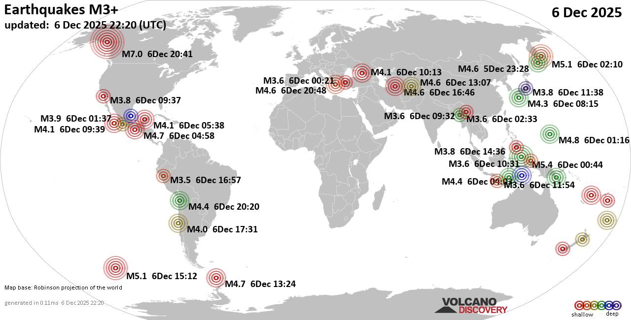 World Earthquake Report for Saturday,  6 December 2025