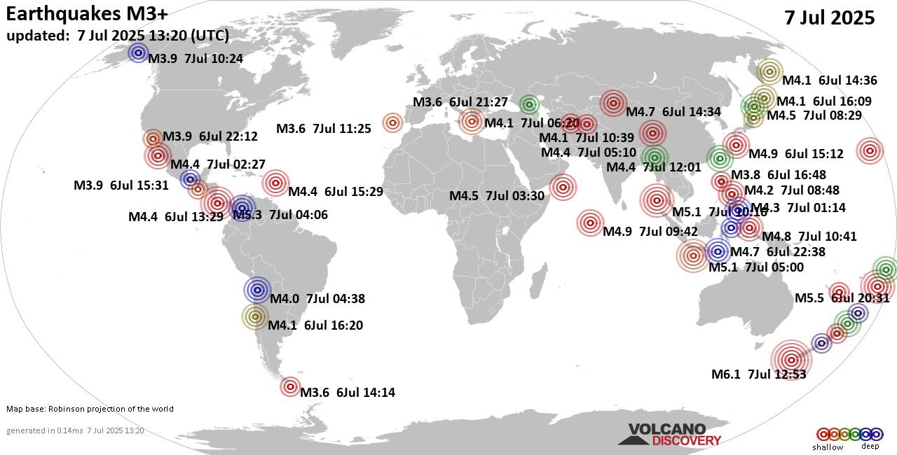 Worldwide earthquakes above magnitude 3 during the past 24 hours on  7 Jul 2025