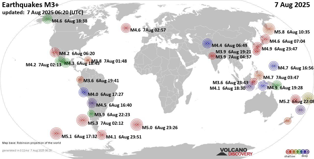 Mappa del mondo che mostra i terremoti sopra la magnitudo 3 nelle ultime 24 ore il  7 agosto 2025