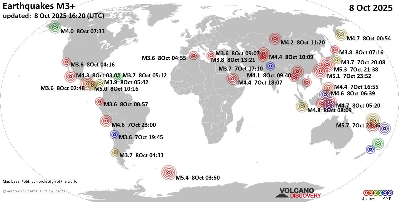 Weltkarte mit Erdbeben über Magnitude 3 während den letzten 24 Stunden past 24 hours am  8. Oktober 2025