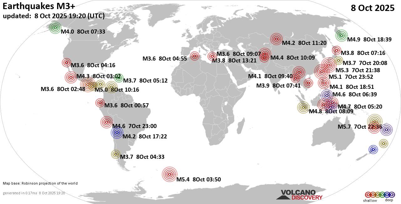 Worldwide earthquakes above magnitude 3 during the past 24 hours on  8 Oct 2025