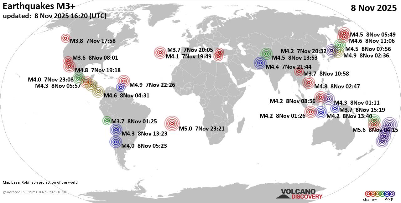 Παγκόσμιος χάρτης που δείχνει σεισμούς άνω των 3 βαθμών στις 8 Νοεμβρίου 2025