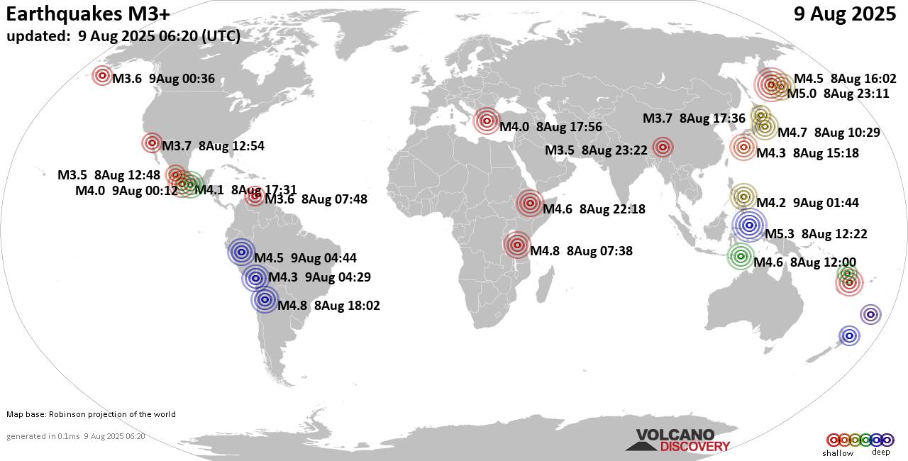 World Earthquake Report for Saturday, 9 August 2025