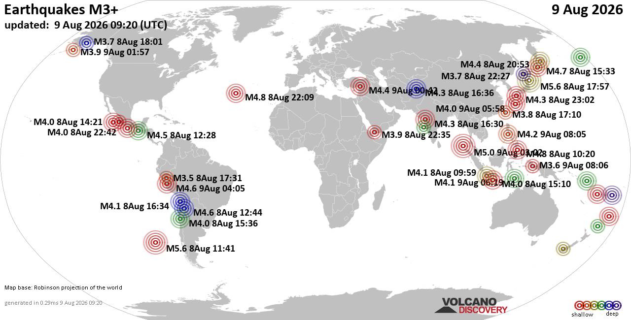 World Earthquake Report for Sunday, 9 August 2026
			