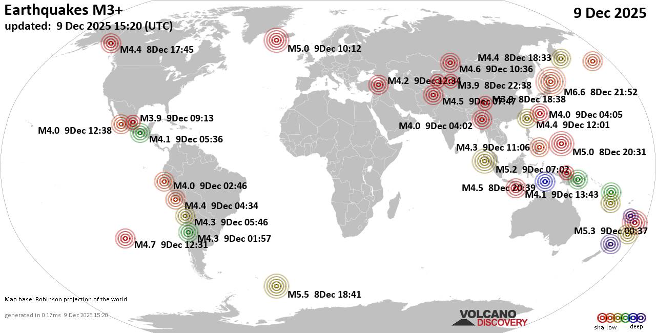 World Earthquake Report for Tuesday,  9 December 2025