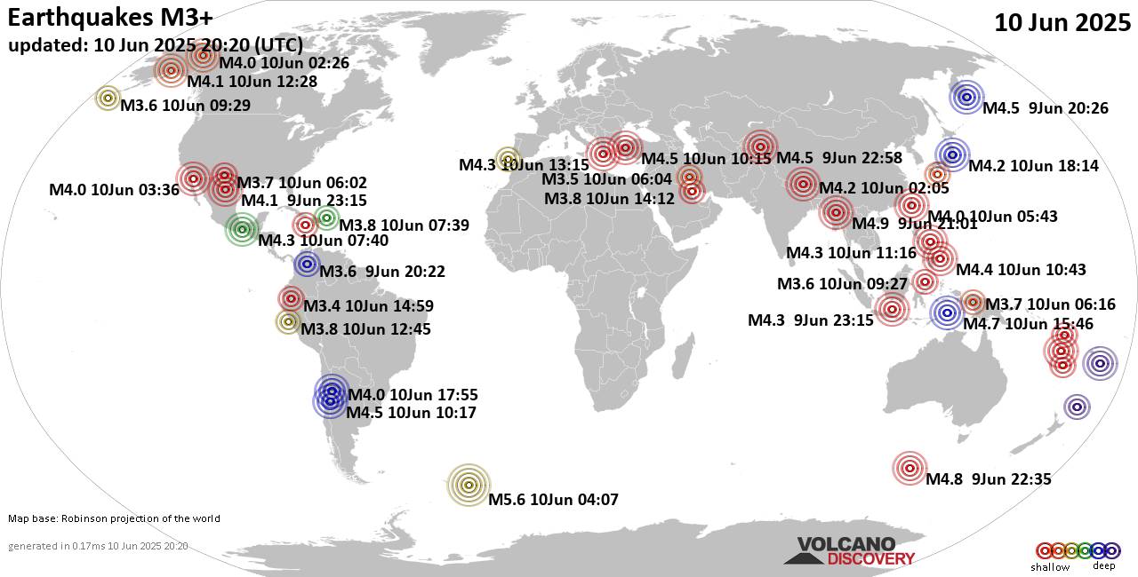 Worldwide earthquakes above magnitude 3 during the past 24 hours on 10 Jun 2025