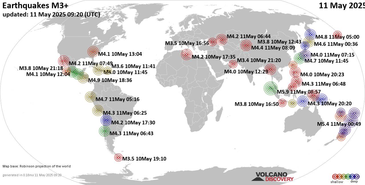 Carte du monde montrant les séismes supérieurs à la magnitude 3 dimanche, 11 mai 2025