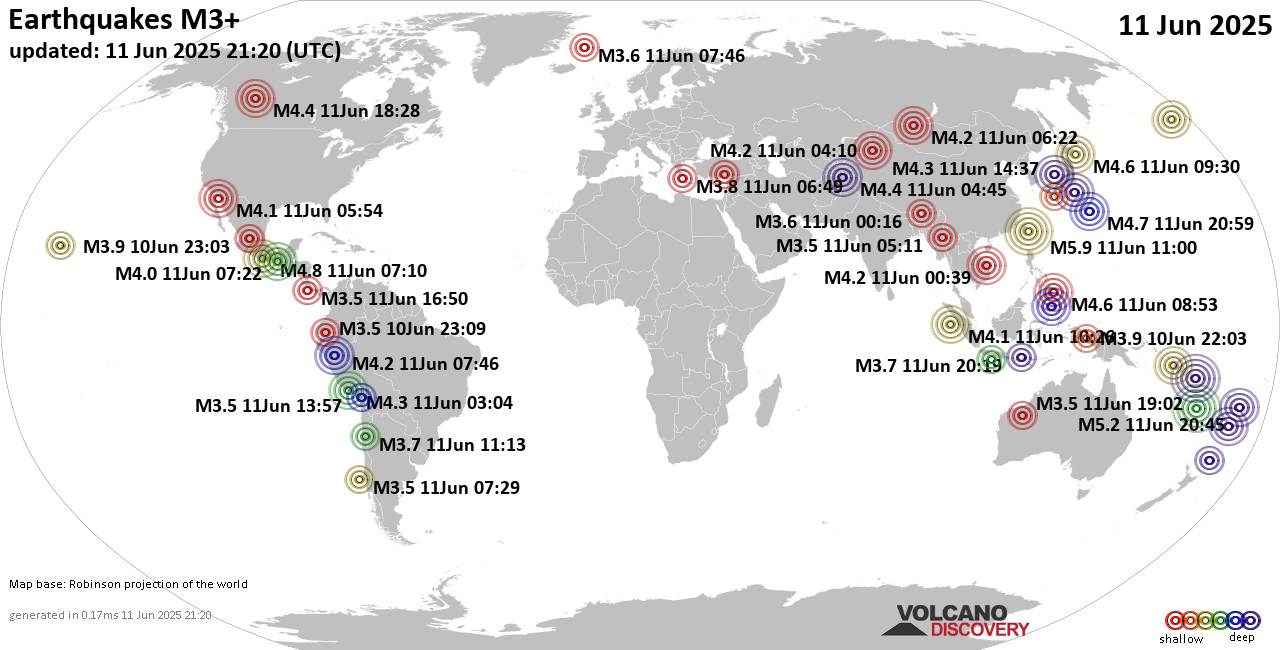 Worldwide earthquakes above magnitude 3 during the past 24 hours on 11 Jun 2025