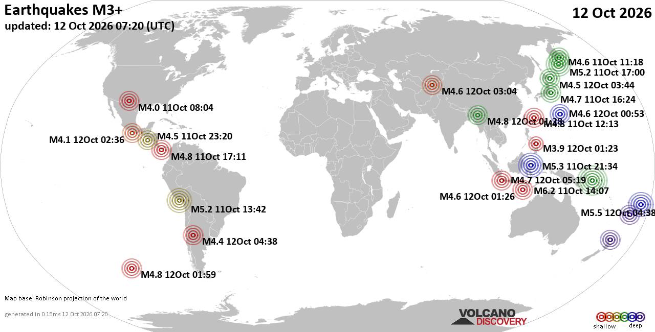 World Earthquake Report for Monday, 12 October 2026
			