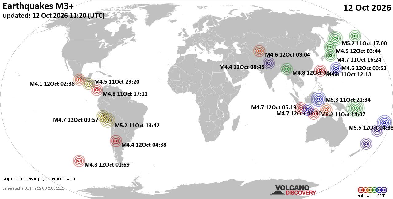 World Earthquake Report for Monday, 12 October 2026
			