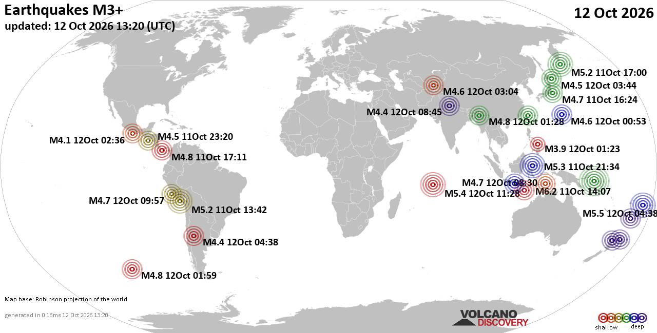World Earthquake Report for Monday, 12 October 2026
			