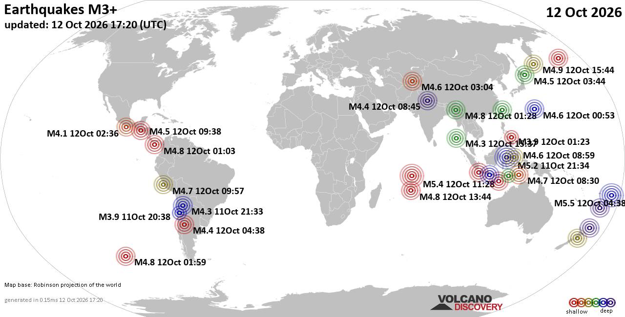 World Earthquake Report for Monday, 12 October 2026
			