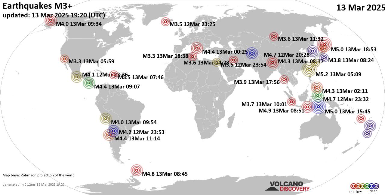 Mappa del mondo che mostra i terremoti sopra la magnitudo 3 nelle ultime 24 ore il 13 marzo 2025