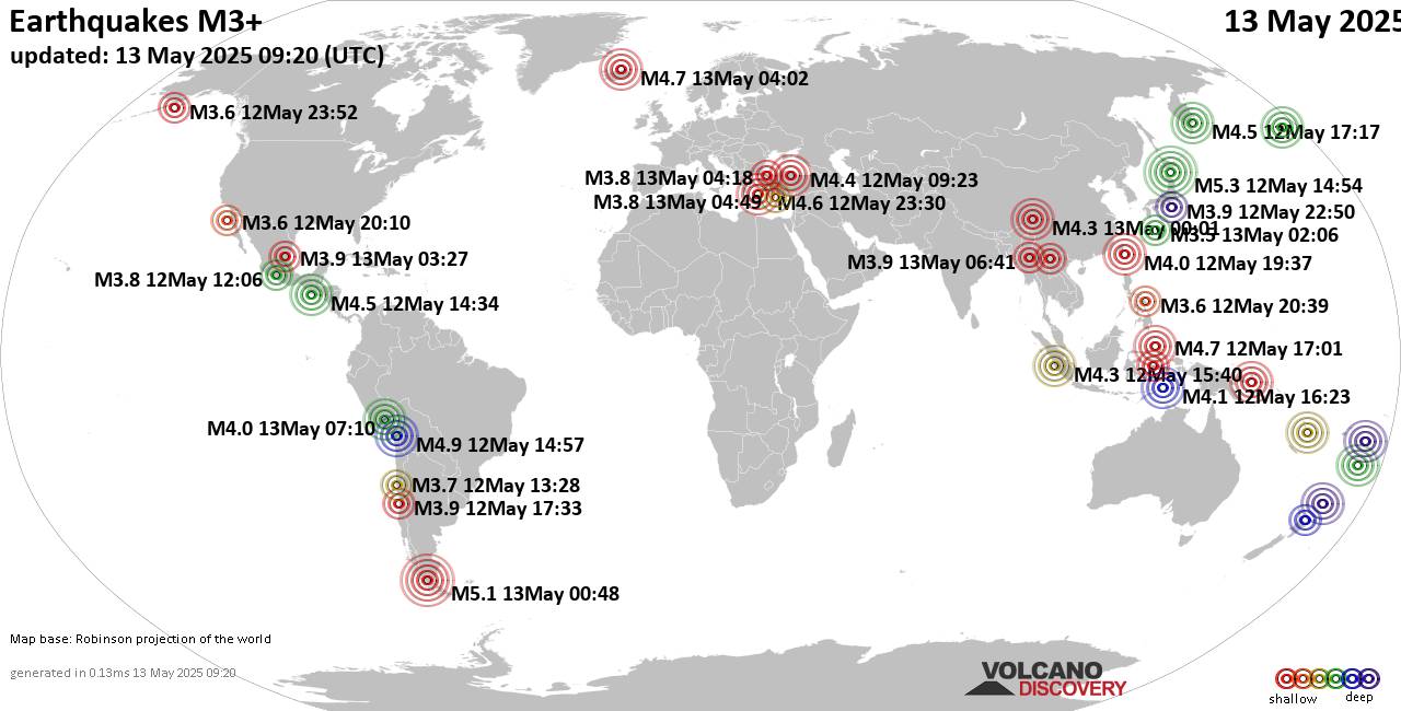 Weltkarte mit Erdbeben über Magnitude 3 während den letzten 24 Stunden past 24 hours am 13. Mai 2025
