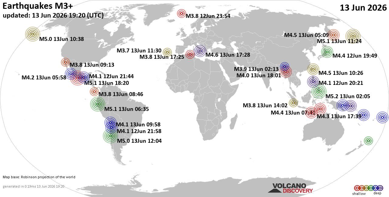 World Earthquake Report for Saturday, 13 June 2026