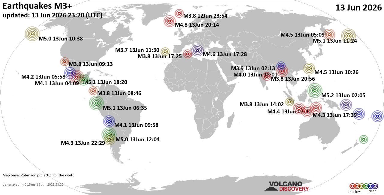 World Earthquake Report for Saturday, 13 June 2026
			