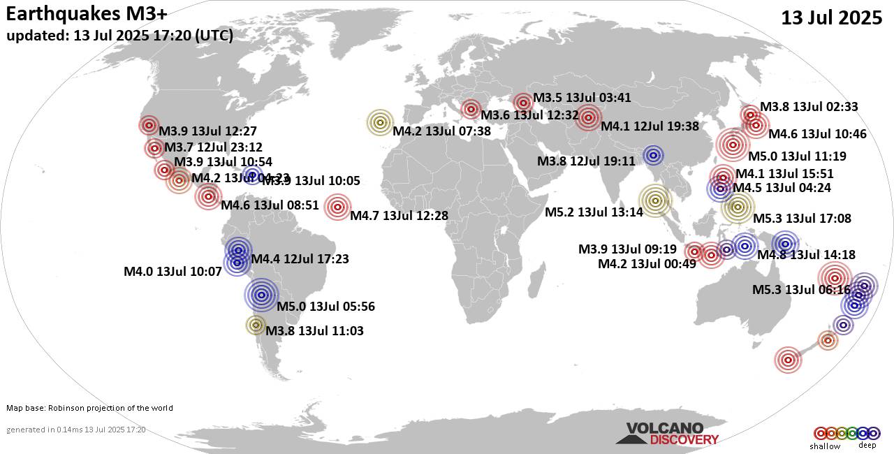 Worldwide earthquakes above magnitude 3 during the past 24 hours on 13 Jul 2025
