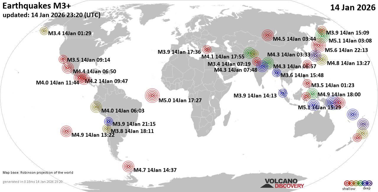 World Earthquake Report for Wednesday, 14 January 2026