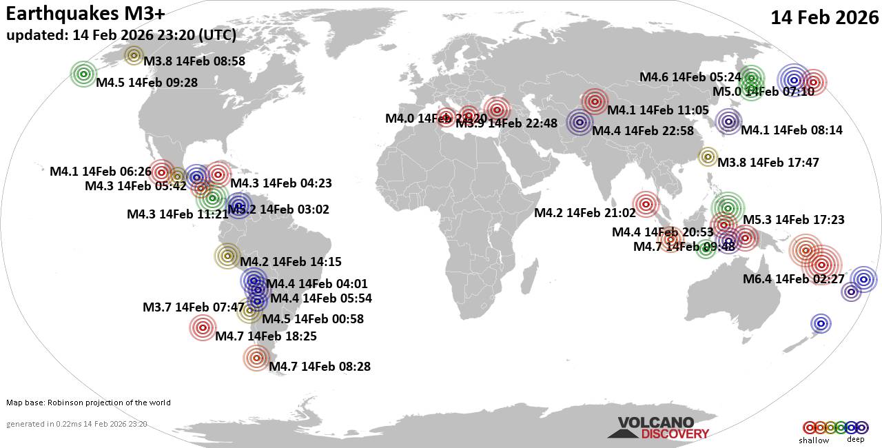 World Earthquake Report for Saturday, 14 February 2026