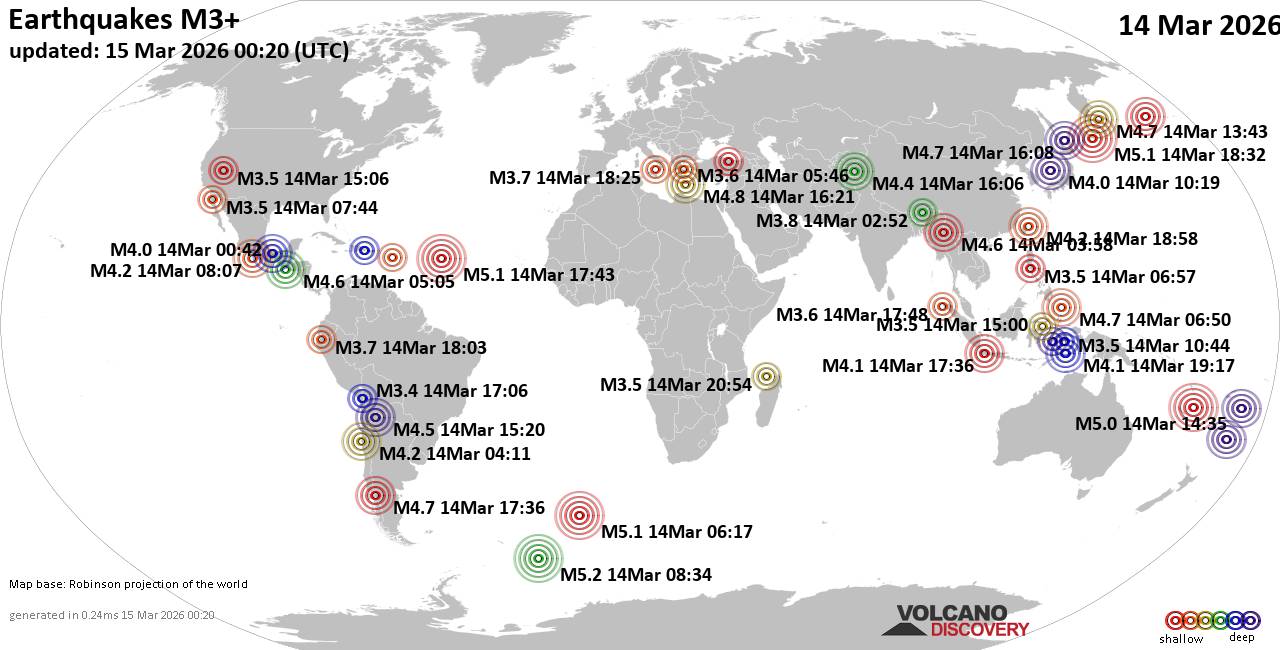 World Earthquake Report for Saturday, 14 March 2026