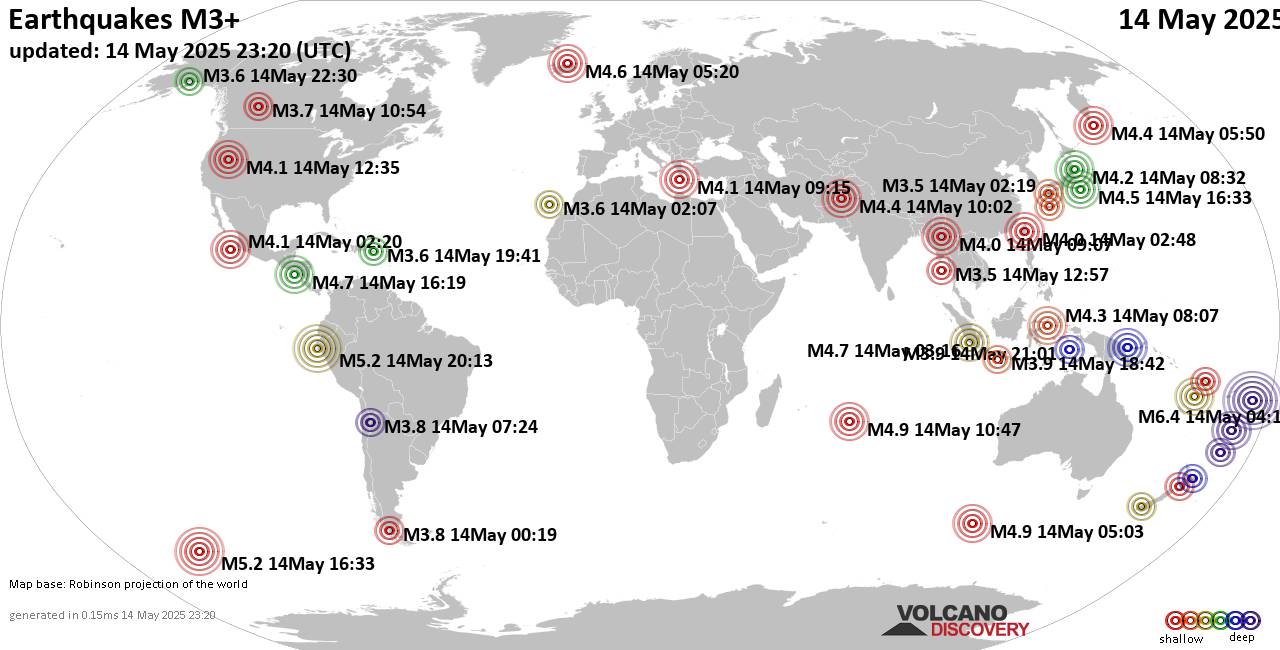 Worldwide earthquakes above magnitude 3 during the past 24 hours on 14 May 2025