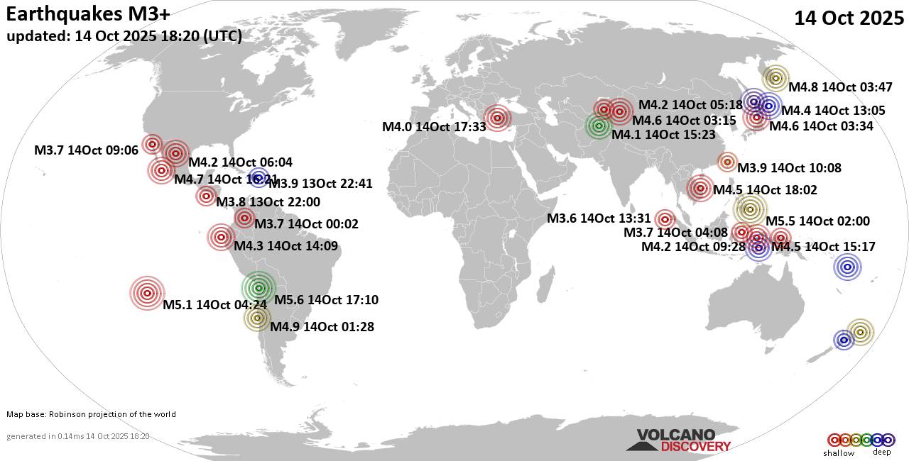 Worldwide earthquakes above magnitude 3 during the past 24 hours on 14 Oct 2025