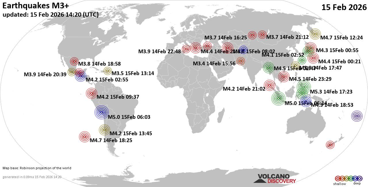 World Earthquake Report for Sunday, 15 February 2026