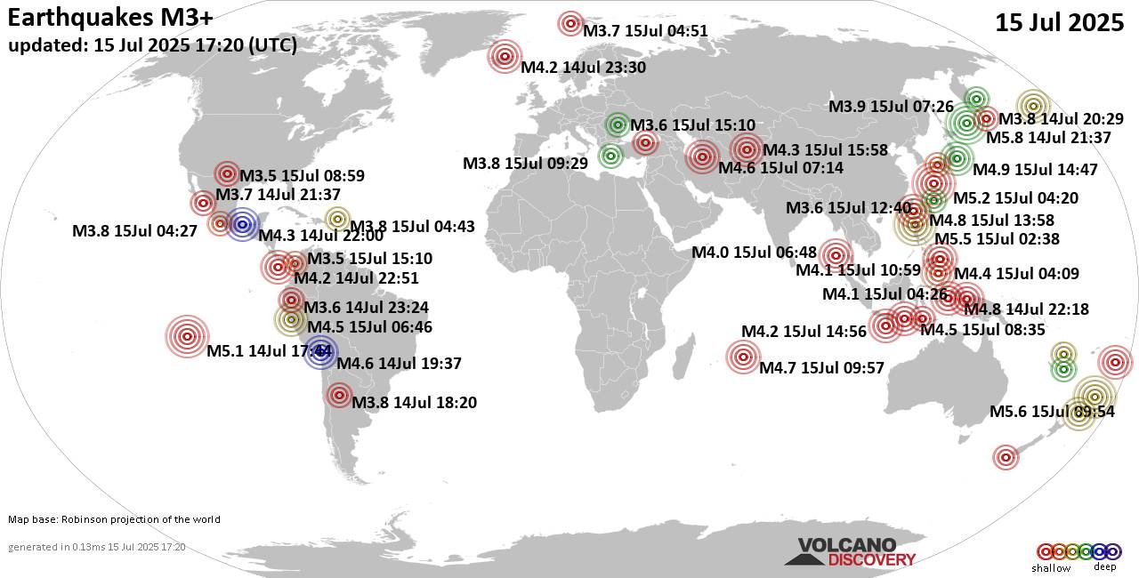 World Earthquake Report for Tuesday, 15 July 2025