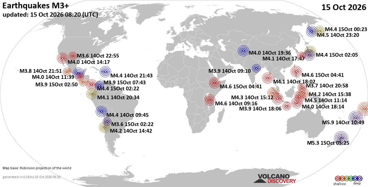 World Earthquake Report for Thursday, 15 October 2026
			