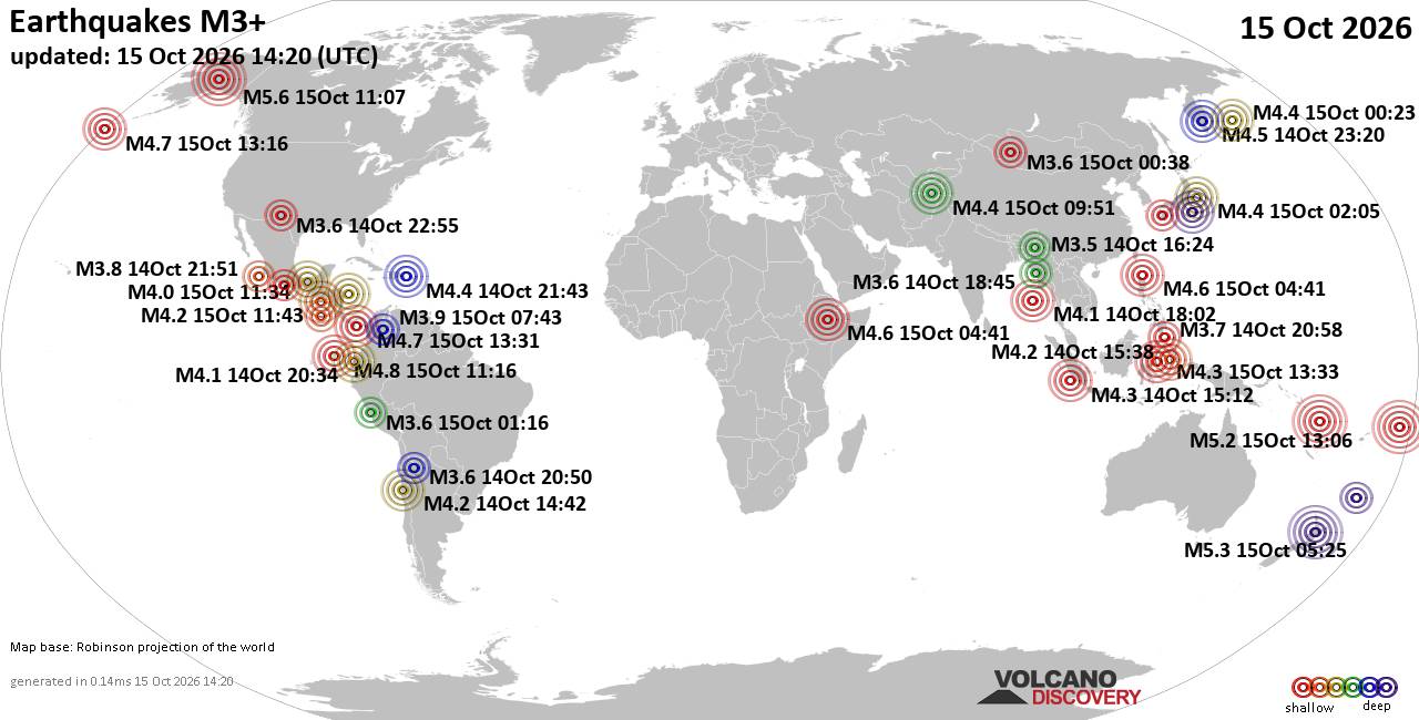World Earthquake Report for Thursday, 15 October 2026
			