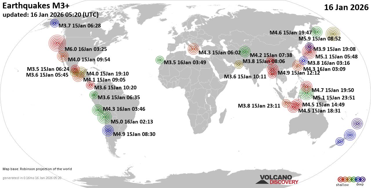 World Earthquake Report for Friday, 16 January 2026