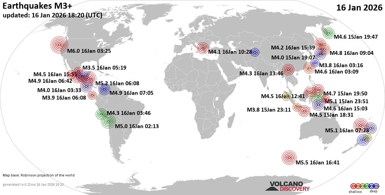 World Earthquake Report for Friday, 16 January 2026