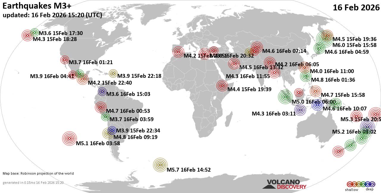 World Earthquake Report for Monday, 16 February 2026