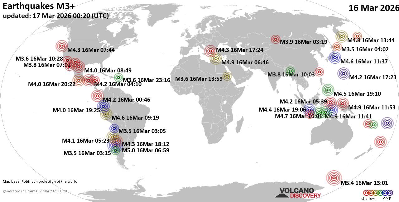 World Earthquake Report for Monday, 16 March 2026