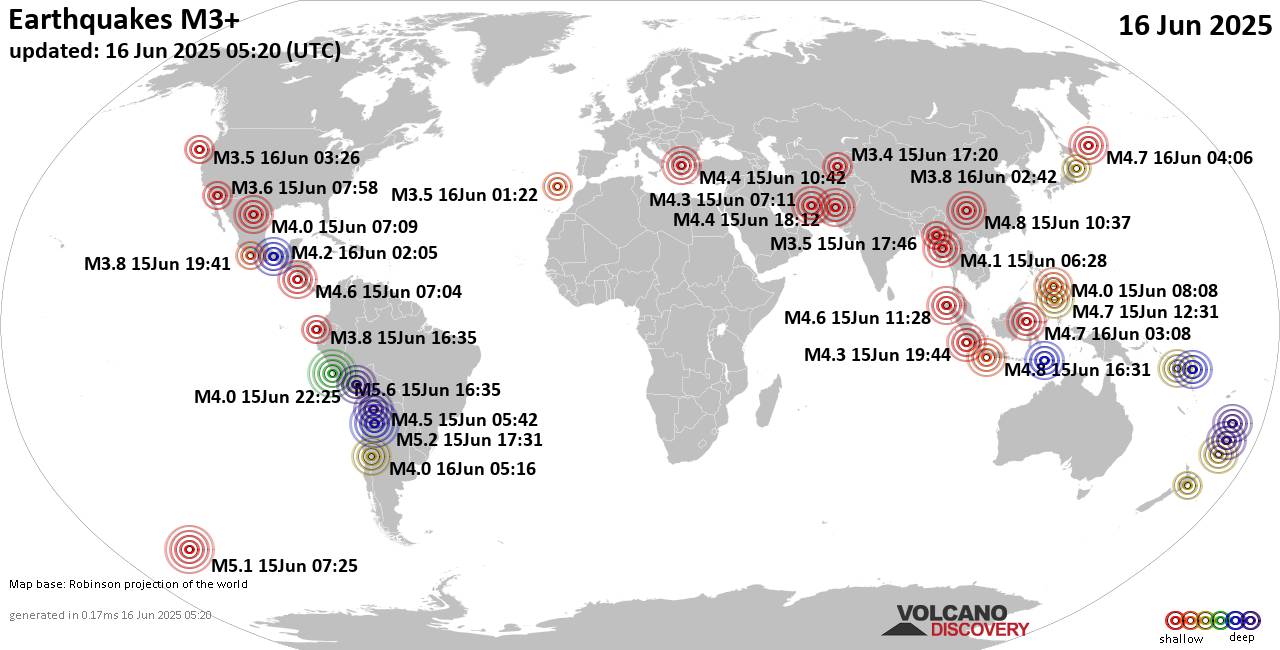 Worldwide earthquakes above magnitude 3 during the past 24 hours on 16 Jun 2025