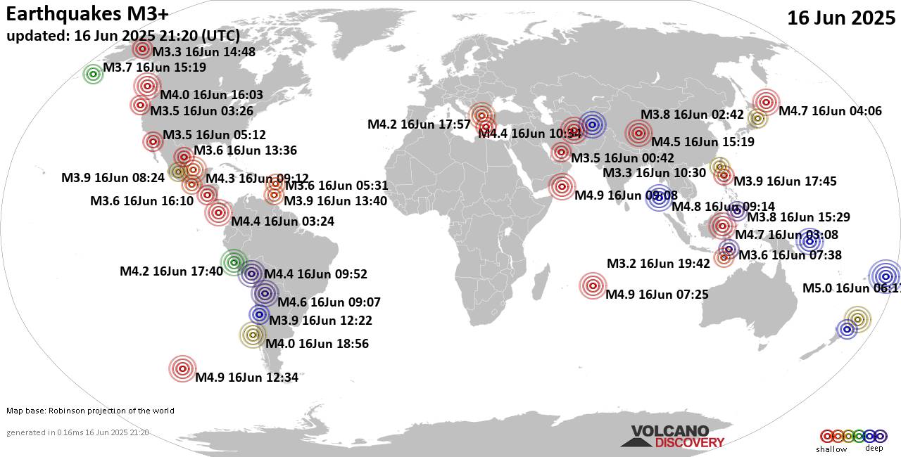 Carte du monde montrant les séismes supérieurs à la magnitude 3 lundi, 16 juin 2025
