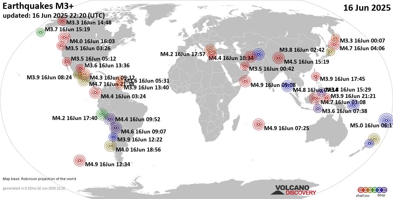 World Earthquake Report for Monday, 16 June 2025
