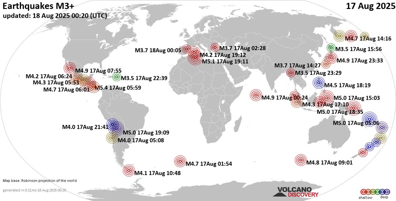 Worldwide earthquakes above magnitude 3 during the past 24 hours on 18 Aug 2025