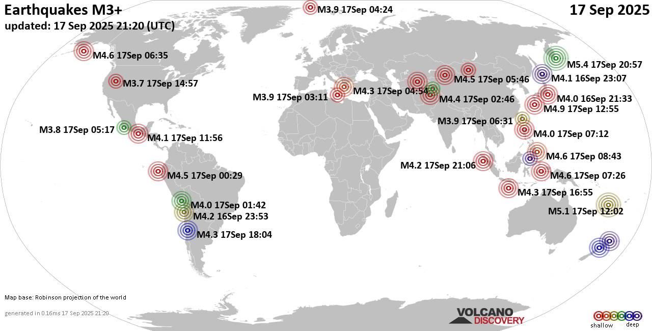 Worldwide earthquakes above magnitude 3 during the past 24 hours on 17 Sep 2025