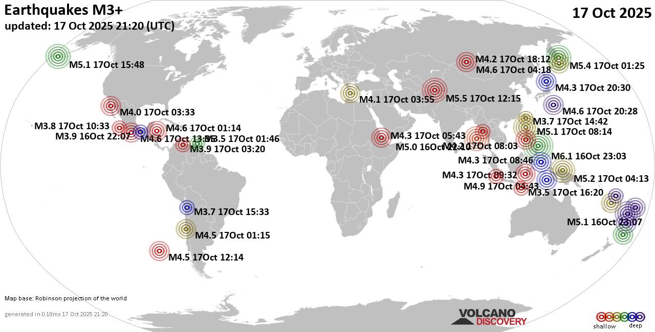 Weltkarte mit Erdbeben über Magnitude 3 während den letzten 24 Stunden past 24 hours am 17. Oktober 2025