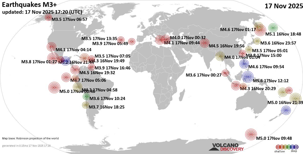 World Earthquake Report for Monday, 17 November 2025
