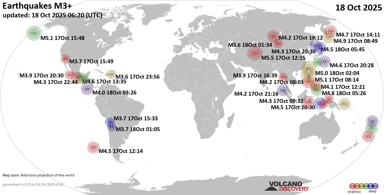 Worldwide earthquakes above magnitude 3 during the past 24 hours on 18 Oct 2025