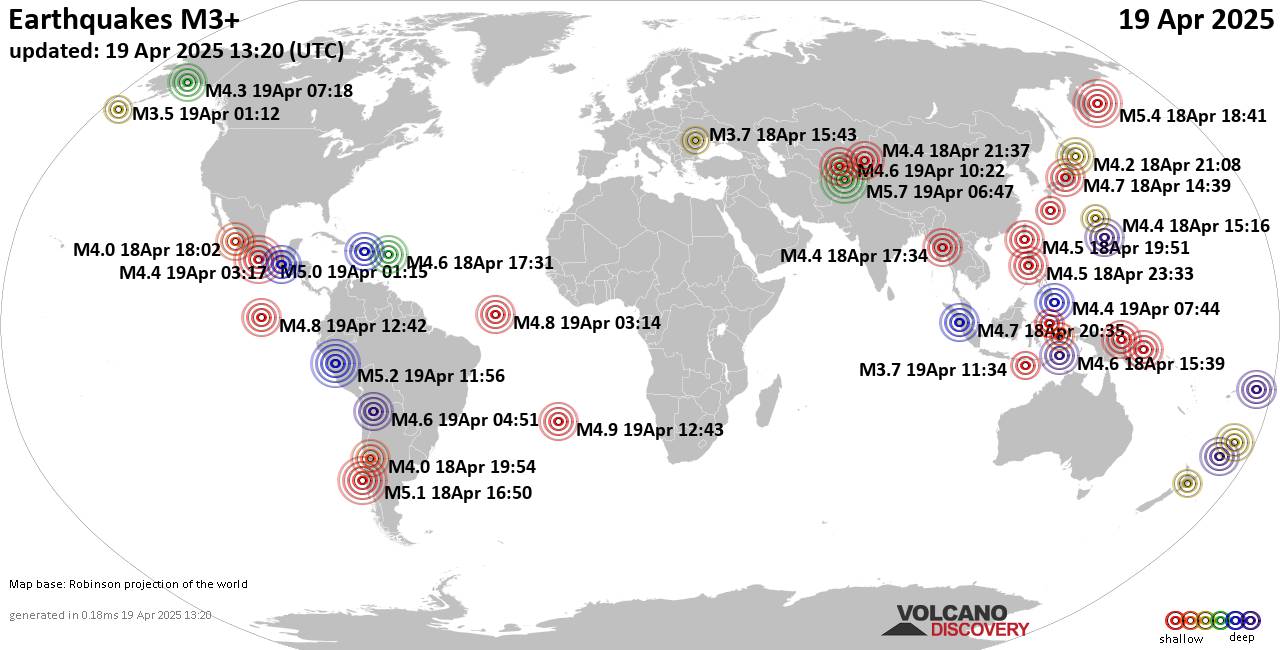 Worldwide earthquakes above magnitude 3 during the past 24 hours on 19 Apr 2025