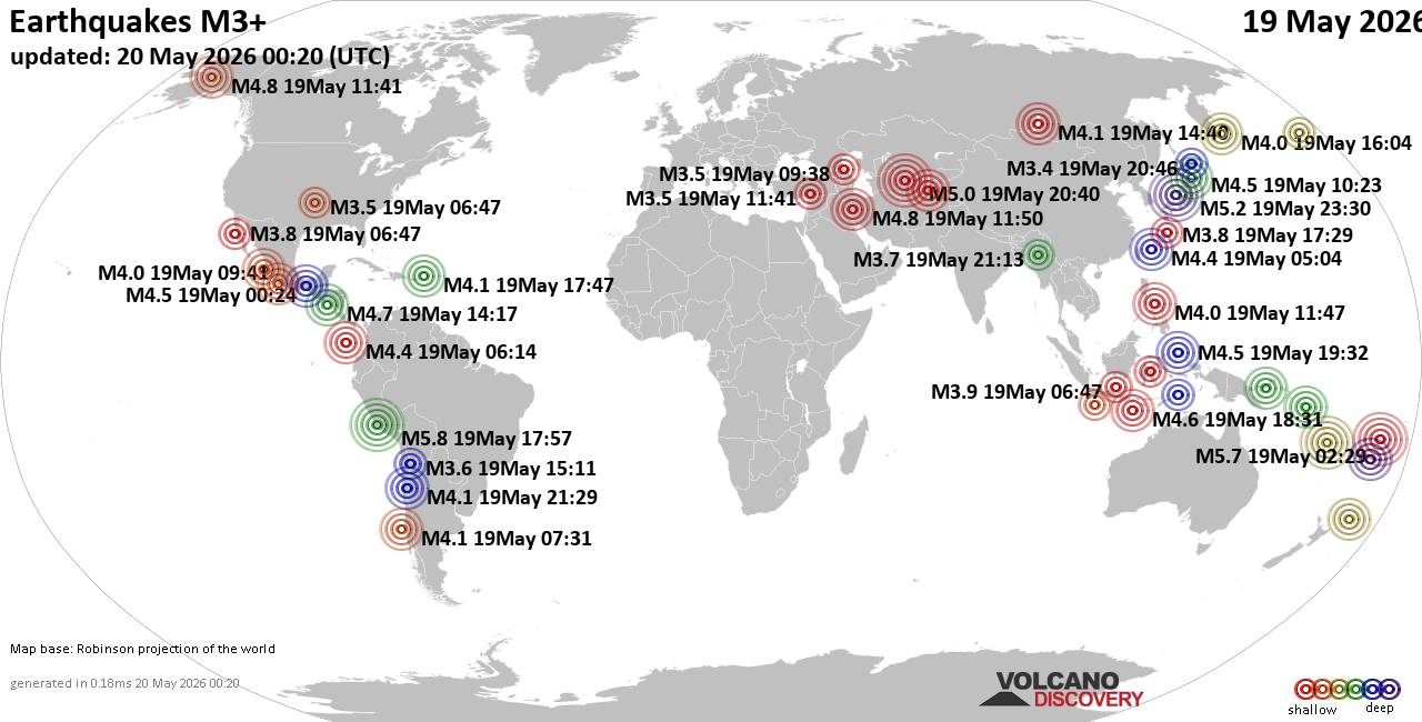 World Earthquake Report for Tuesday, 19 May 2026
			