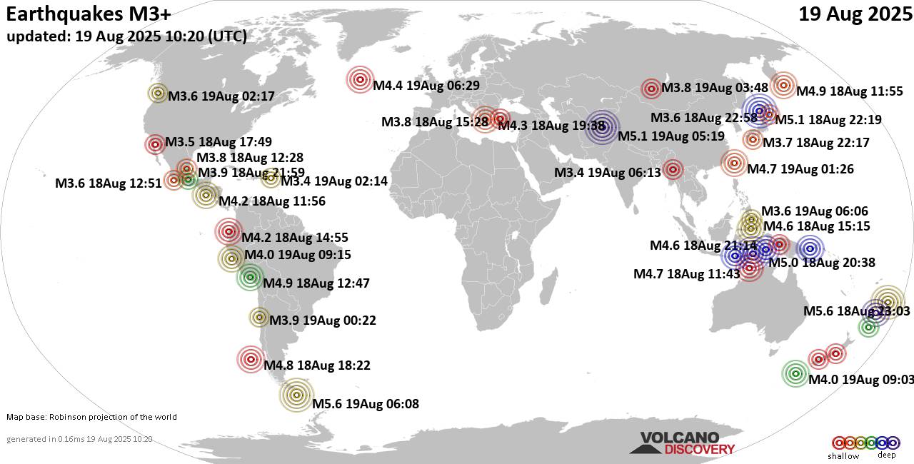 Worldwide earthquakes above magnitude 3 during the past 24 hours on 19 Aug 2025