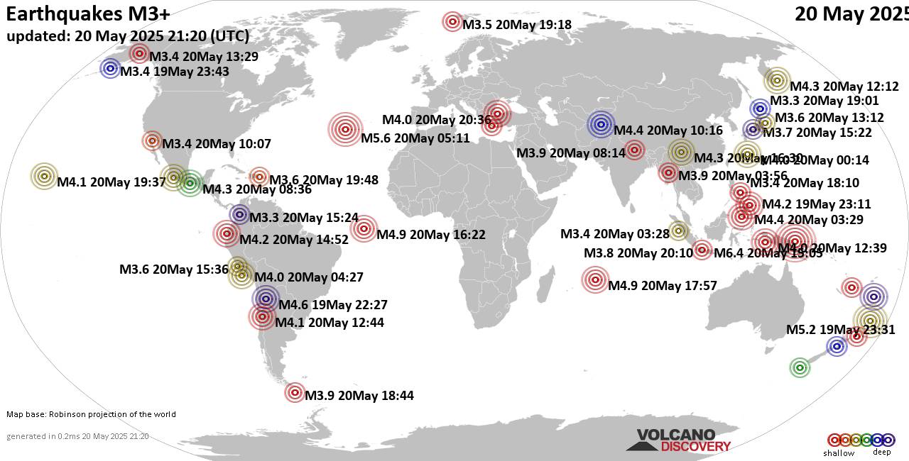 Worldwide earthquakes above magnitude 3 during the past 24 hours on 20 May 2025