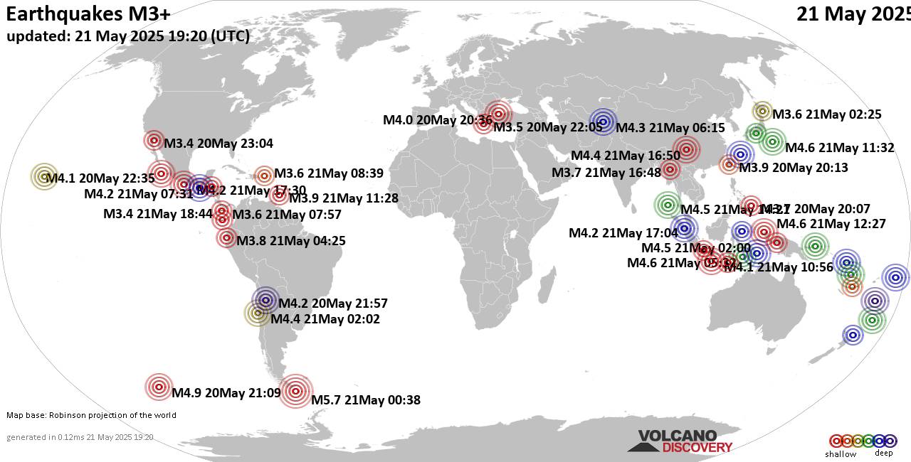 Carte du monde montrant les séismes supérieurs à la magnitude 3 mercredi, 21 mai 2025