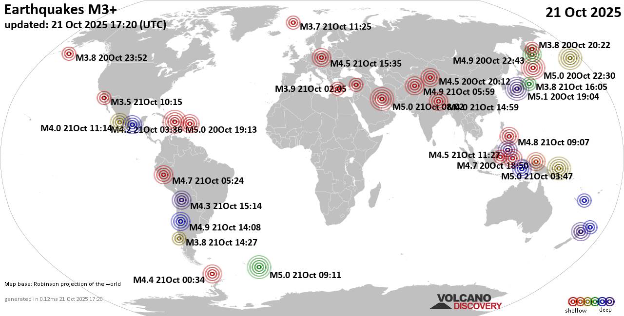 Worldwide earthquakes above magnitude 3 during the past 24 hours on 21 Oct 2025